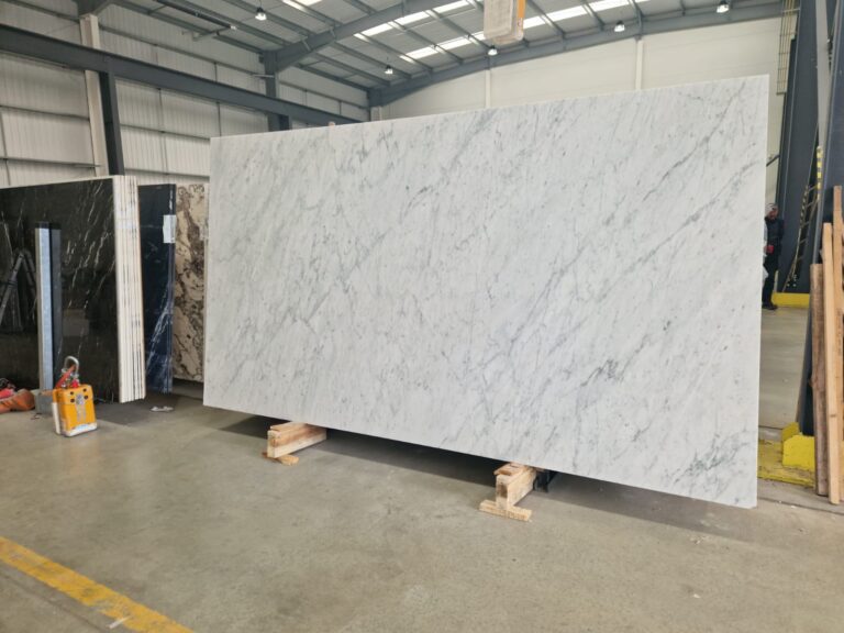 Large Carrara NILE marble slab in Oxford Stone Craftsmanship workshop, UK