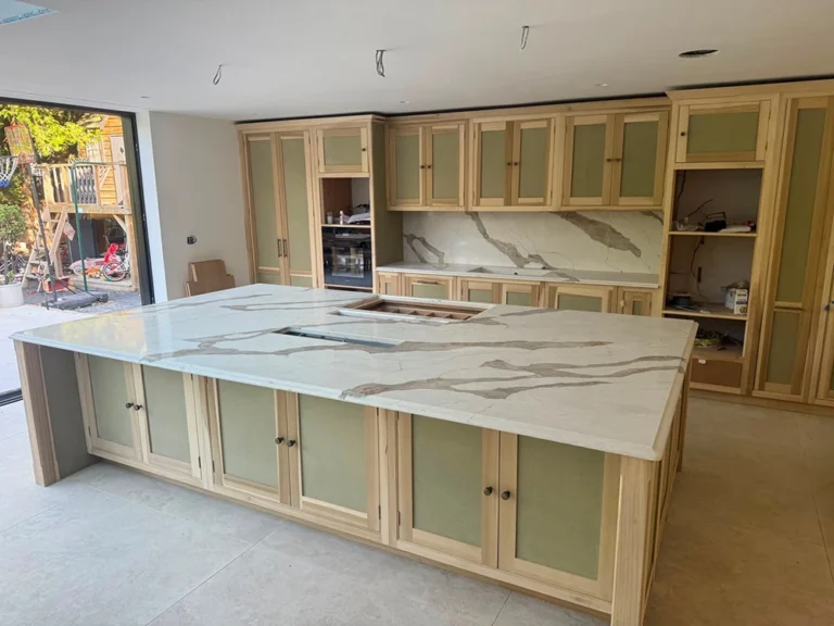 large quartz island in a large kitchen